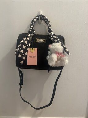 Juicy Couture Black Satchel with White Plaid Scarf and Plush Charm